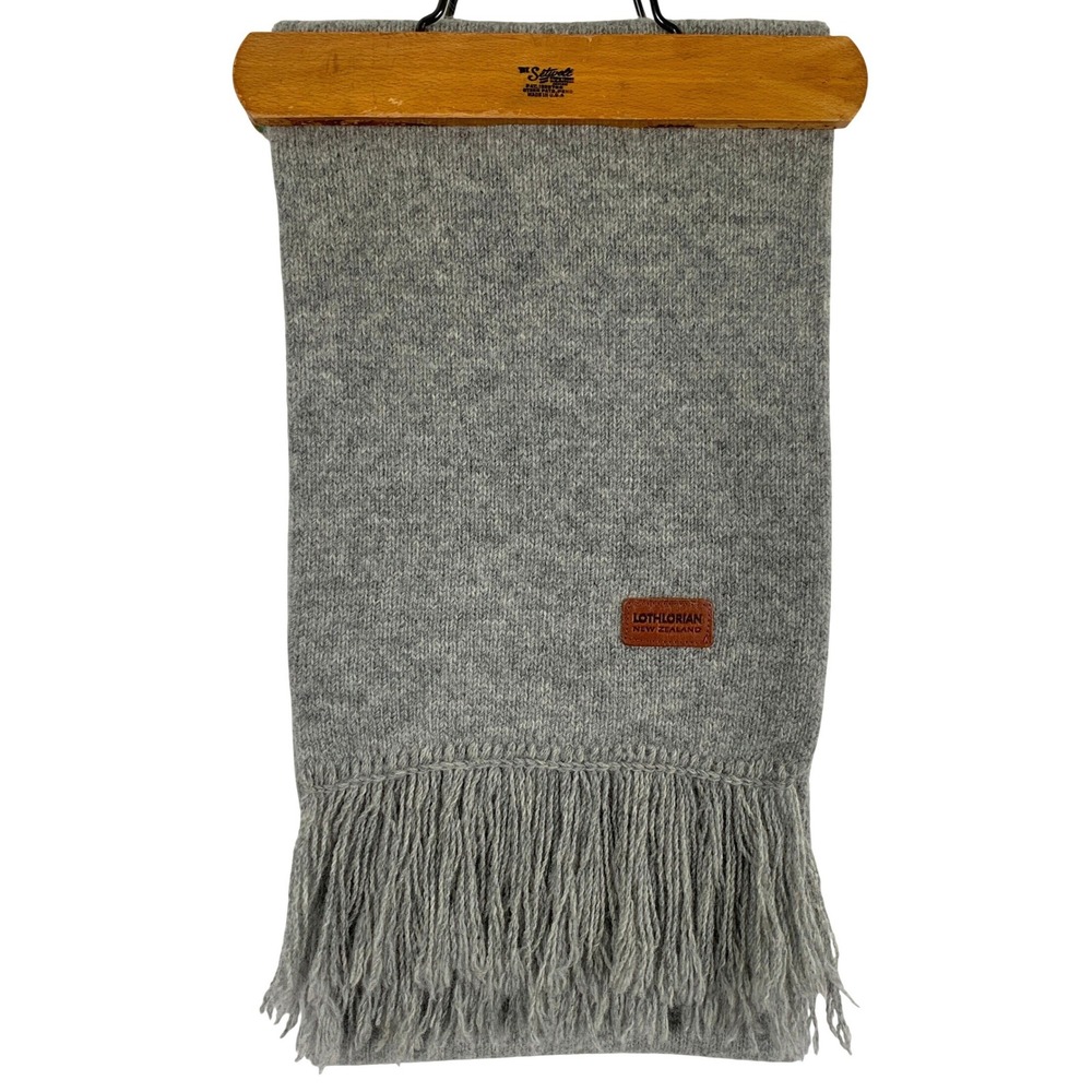 LOTHLORIAN New Zealand Wool Knit Fringe Scarf Leather 9"x70" Gray Logo Patch